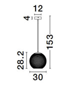 Technische Zeichnung der KINETIC Pendelleuchte, 153 cm hoch, 30 cm Durchmesser, schwarz.