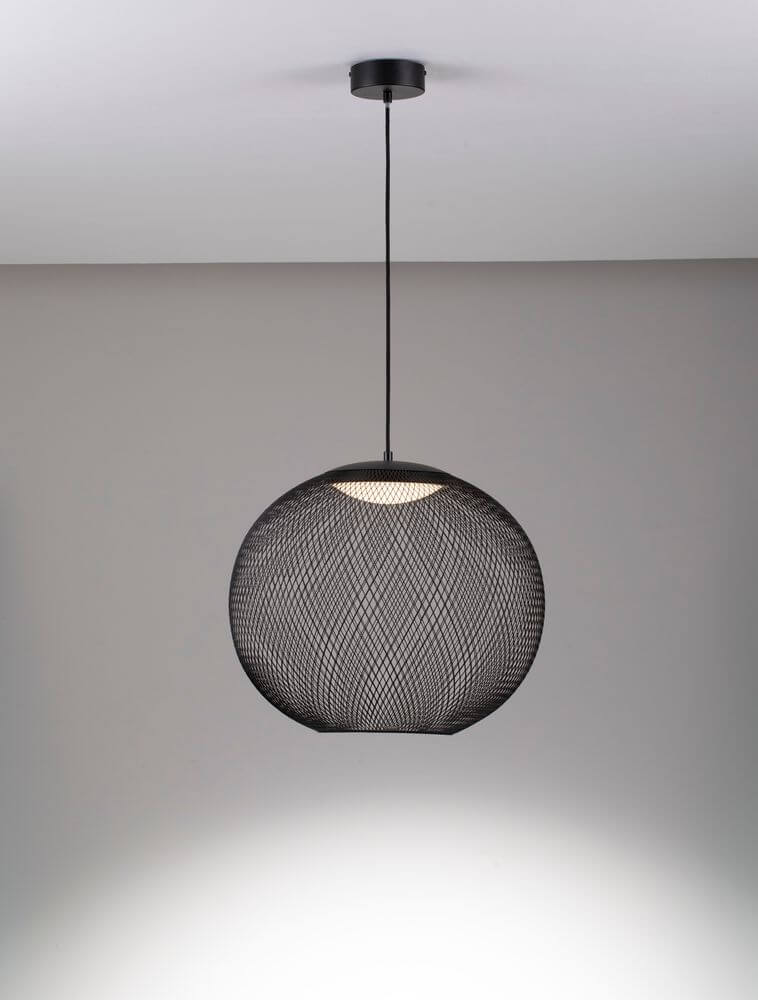Kinetic Pendelleuchte in Schwarz mit Drahtgeflecht und LED-Licht, modern für Wohnzimmer und Schlafzimmer.