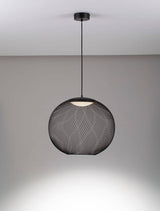 Kinetic Pendelleuchte in Schwarz mit Drahtgeflecht und LED-Licht, modern für Wohnzimmer und Schlafzimmer.