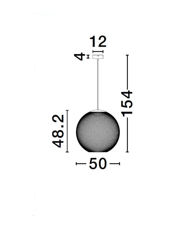 Maßzeichnung der KINETIC Pendelleuchte: Höhe 154 cm, Durchmesser 50 cm, Detailansicht des Designs.