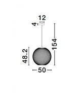 Maßzeichnung der KINETIC Pendelleuchte: Höhe 154 cm, Durchmesser 50 cm, Detailansicht des Designs.
