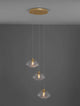 King Pendelleuchte 3-flammig Ø 25cm Gold, Transparent an einer Decke montiert.