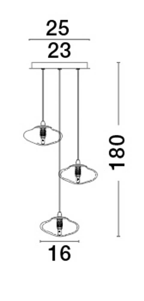 King Pendelleuchte 3-flammig Ø 25cm Gold, Transparent - technische Zeichnung mit Abmessungen.