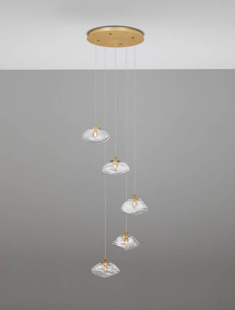 King Pendelleuchte 5-flammig Ø 35cm Gold, Transparent mit modernen Glaselementen und warmem Licht.