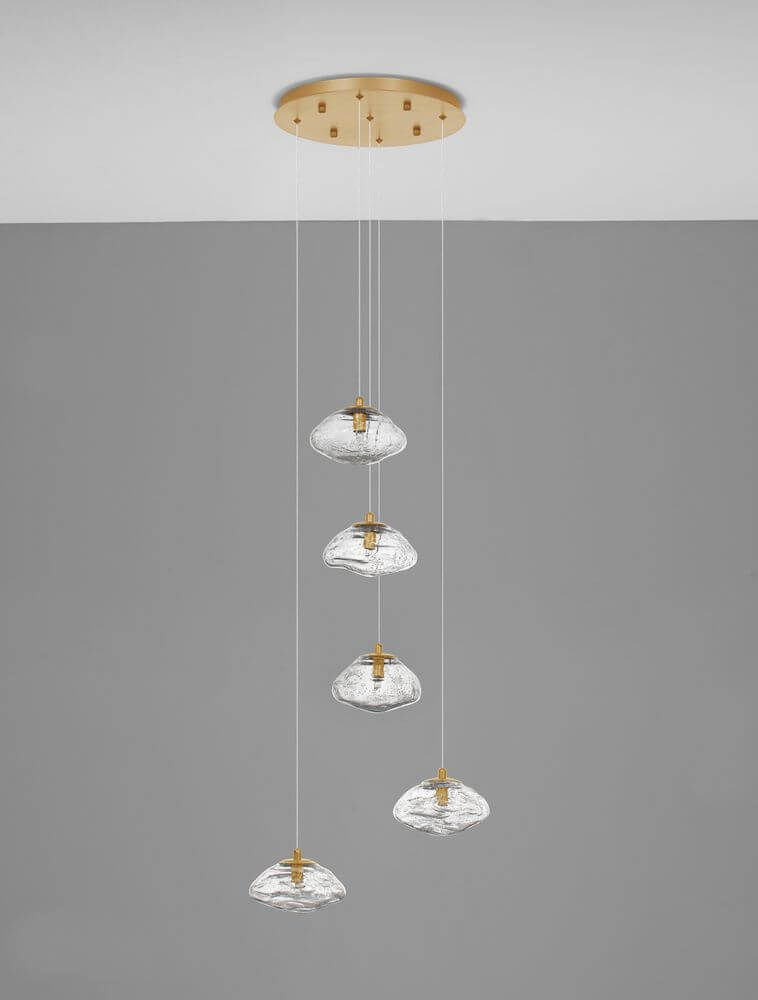 King Pendelleuchte 5-flammig Ø 35cm Gold, Transparent mit modernem Design und Glas-Elementen.