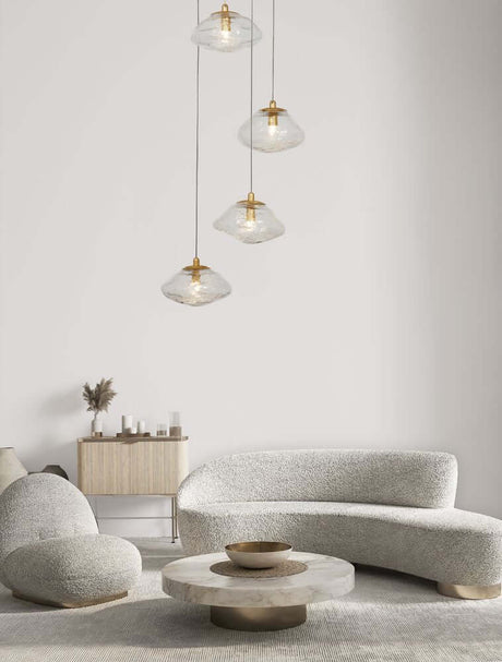 King Pendelleuchte 5-flammig Ø 35cm Gold, Transparent: elegante Glas-Metall Hängelampe für modernes Wohnzimmer