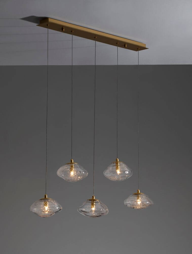 King Pendelleuchte Balken 80cm 5-flammig Gold, Transparent mit Glas und Metall für stilvolle Beleuchtung.