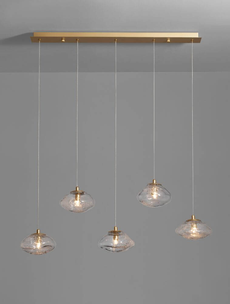 King Pendelleuchte Balken 80cm 5-flammig Gold, Transparent mit Glas und Metall für stilvolle Beleuchtung.