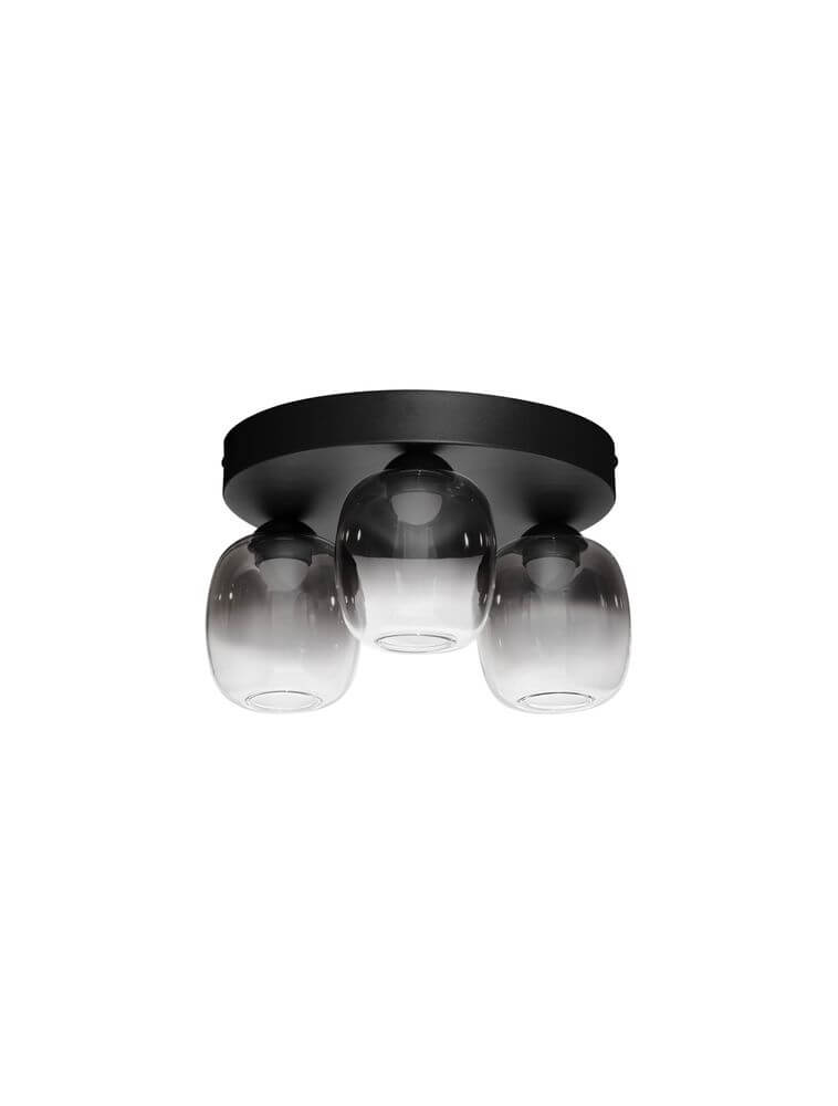 Kita LED Deckenleuchte 3-flammig Ø 30cm 3000K Schwarz, Rauch mit mattem Aluminium und rauchfarbenen Glaskapseln.