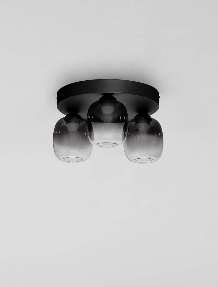 Kita LED Deckenleuchte 3-flammig Ø 30cm 3000K Schwarz, Rauch mit mattem Aluminium und rauchfarbenen Glaskapseln