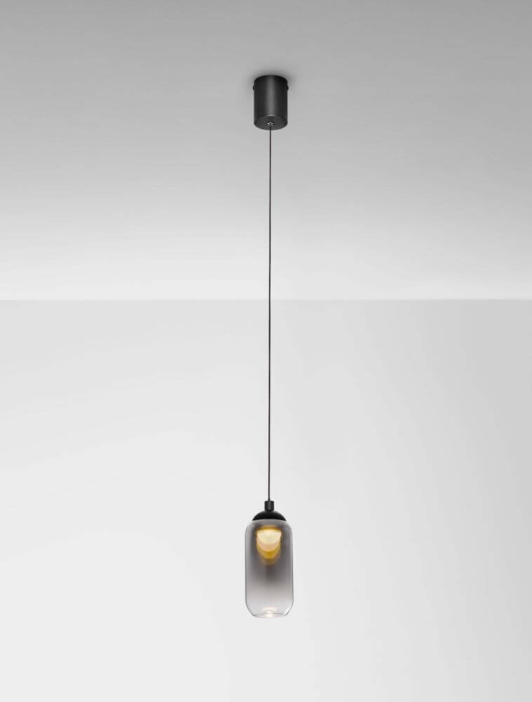 Kita LED Pendelleuchte Ø 7cm 3000K Schwarz, Rauch an Decke hängend, modernes Design mit Rauchglas.