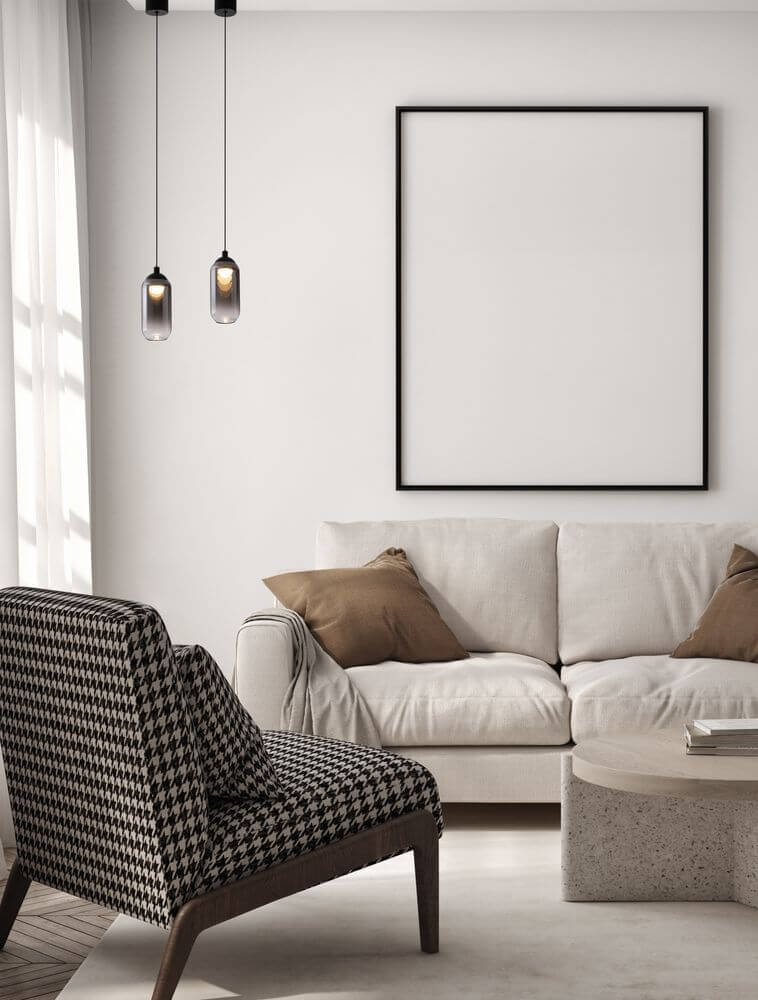 Moderne Innenansicht mit Kita LED Pendelleuchte Ø 7cm 3000K Schwarz, Rauch über einem Wohnzimmer.