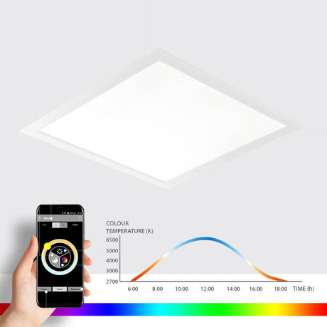 K-Aera Flat LED Einlegeleuchte HCL RGB CCT DALI mit Smartphone Steuerung und Farbtemp. Anzeige.