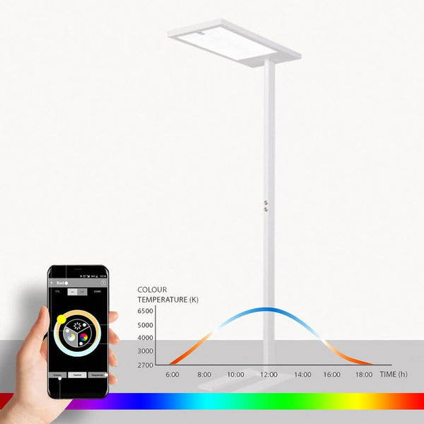 K-Virtus II Büro Stehleuchte NeoLink ZigBee RGBW HCL mit Smartphone-Fernbedienung und Farbtemperaturdiagramm