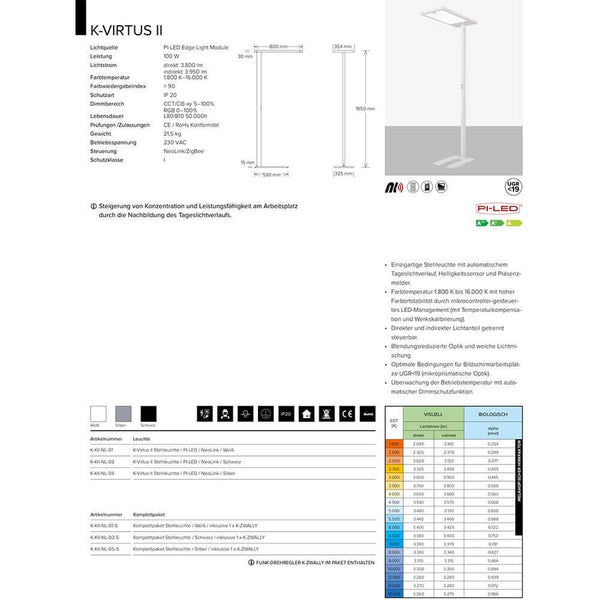 K-Virtus II Büro Stehleuchte NeoLink ZigBee RGBW HCL technischen Daten und Spezifikationen