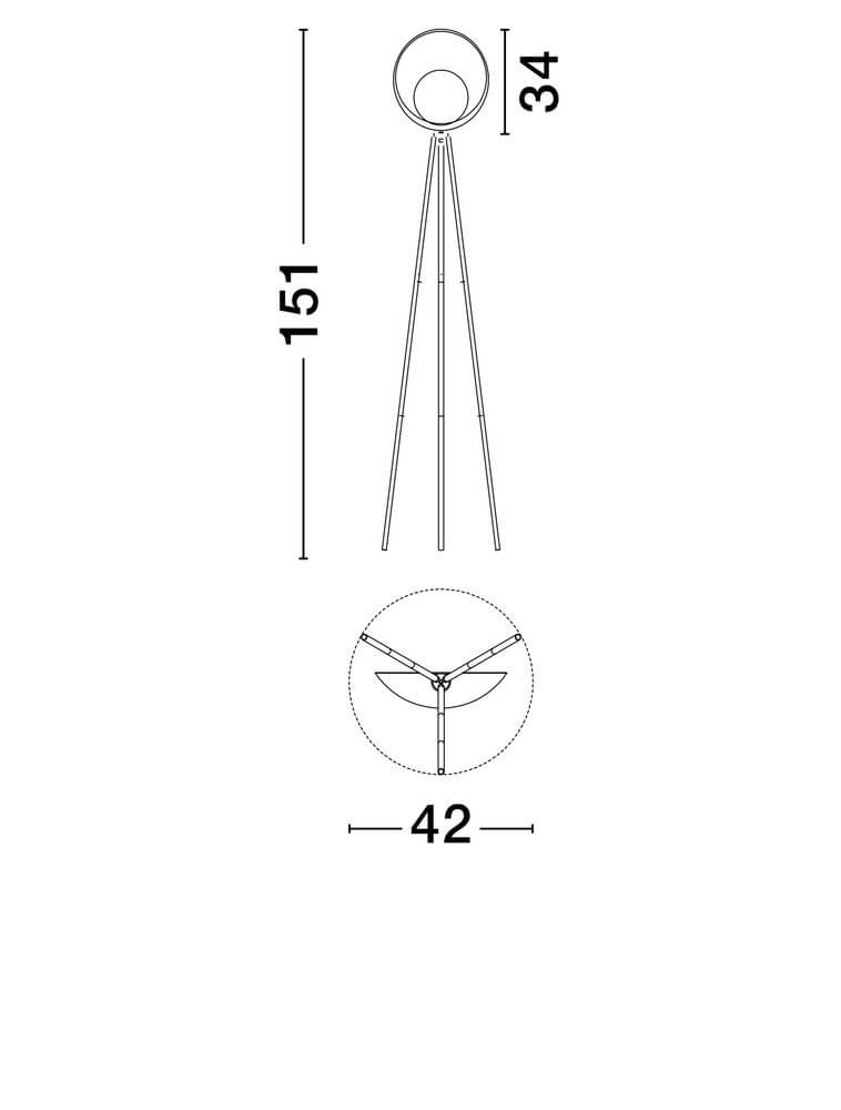 Technische Zeichnung der Kitro LED Stehlampe 3000K Schwarz, Gold mit Maßen 151cm, 34cm und 42cm.