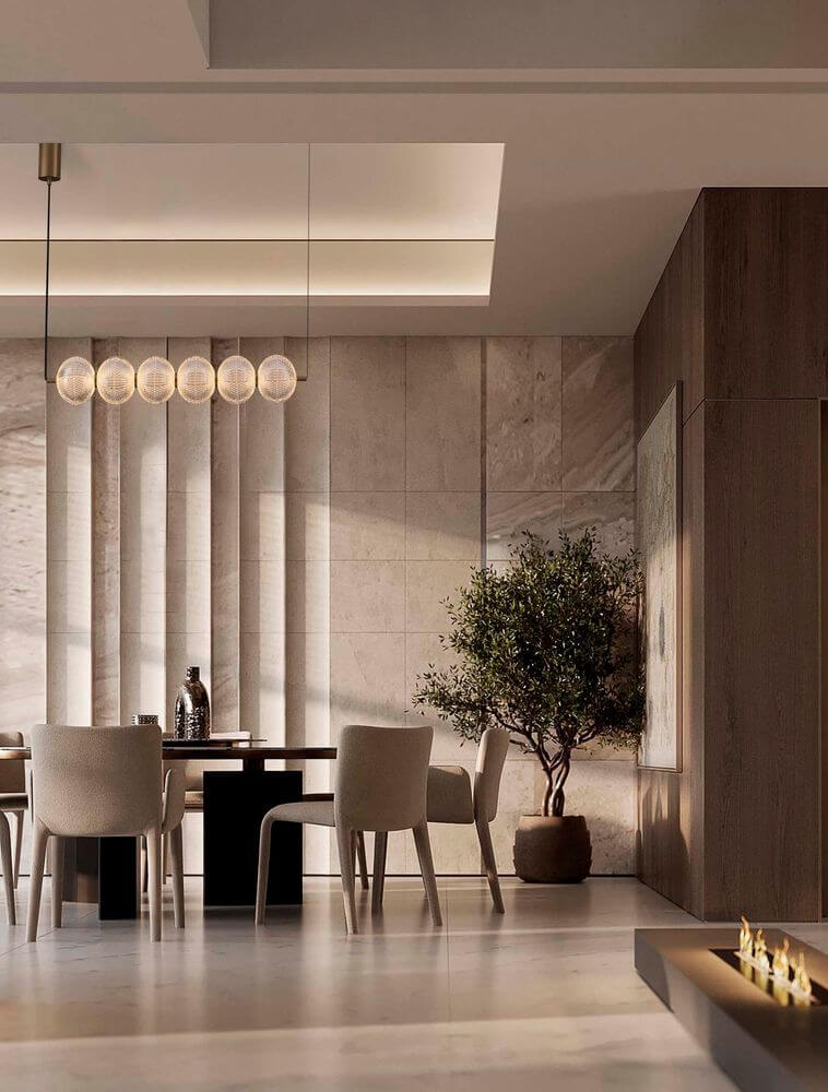 Klelia Pendelleuchte 6-flammig 3000K Gold in modernem Esszimmer mit eleganter Einrichtung.