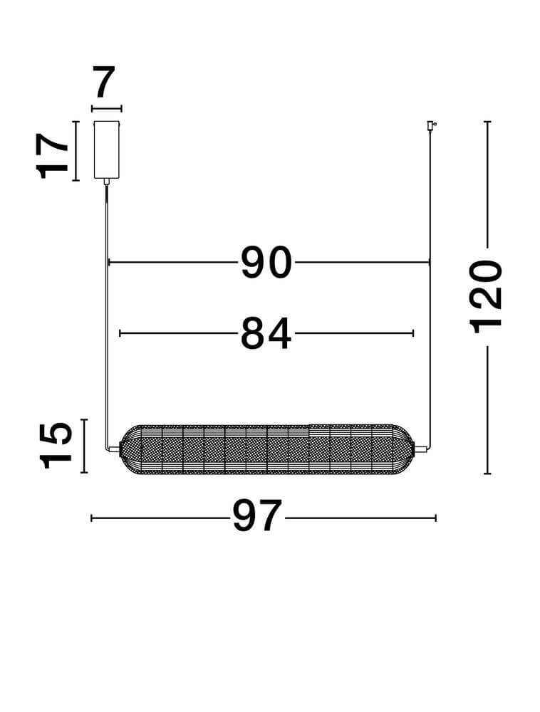 Technische Zeichnung der Klelia Pendelleuchte Horizontal 3000K Gold mit Abmessungen und Details.