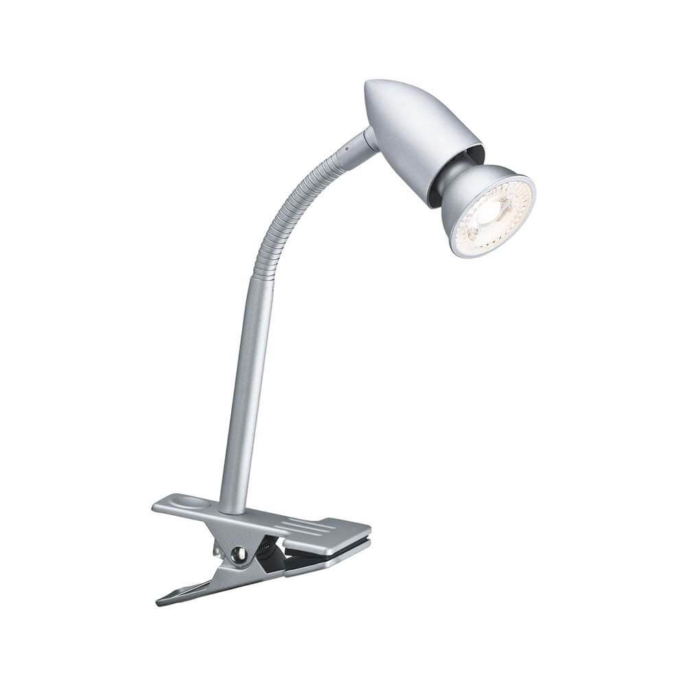 Klemmspot Gesa GU10 Chrom-Matt mit flexibler Halterung und Schnurschalter für gezieltes Licht.