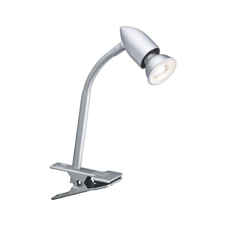 Klemmspot Gesa GU10 Chrom-Matt mit flexibler Halterung und Schnurschalter für gezieltes Licht.