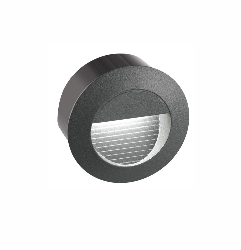 Krypton LED Außenwandeinbauleuchte Rund in Dunkelgrau, ideal für Balkon und Terrasse, IP54, 3000K Lichtauslass.