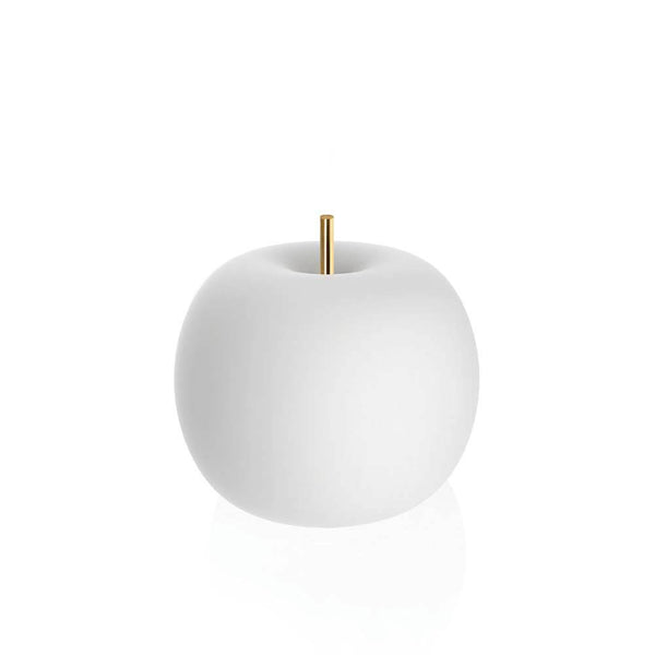 Lampe de table en verre Kundalini Kushi Ø16 cm en forme de pomme blanche avec tige dorée.