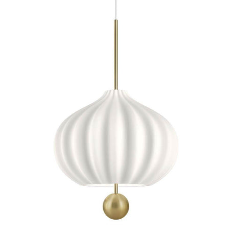 Kundalini Hängelampe Lilli mit Opalglas-Schirm Messing Ø 32cm, elegante Pendelleuchte mit geschwungener Form und goldenen Akzenten.