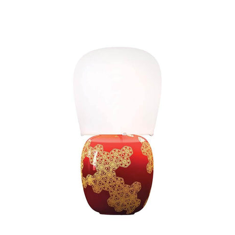 Kundalini Keramik Tischlampe Hive 47cm Dimmbar mit rotem Boden und goldenem Muster, in zeitlosem Design.