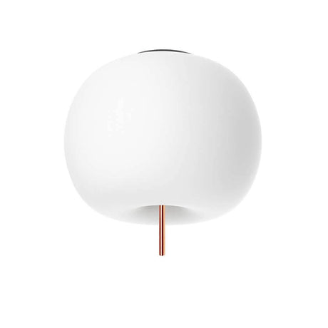 Kundalini LED Deckenlampe Kushi Ø 33cm Dimmbar in runder Form mit weißem Lampenschirm und kupferfarbener Stange.