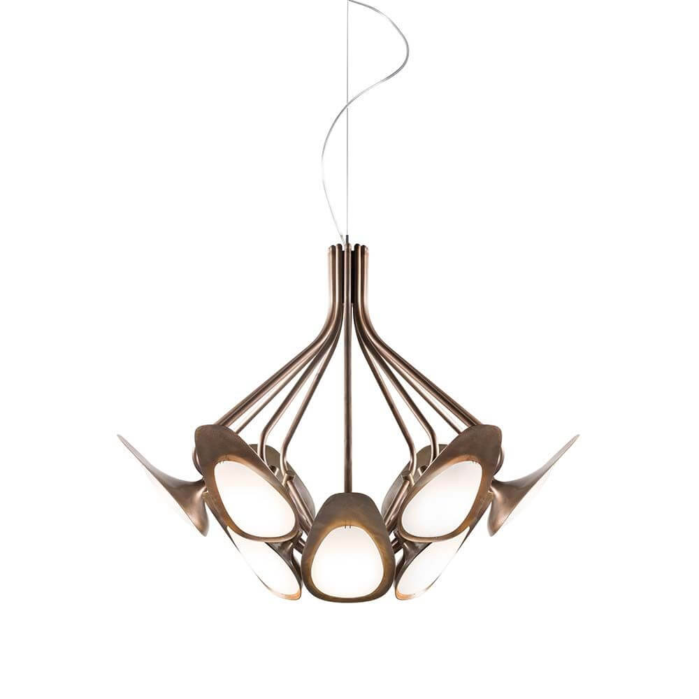 Kundalini LED Designleuchte Peacock mit 12 Armen Ø 80cm, eleganter Kronleuchter mit graphischem Design.