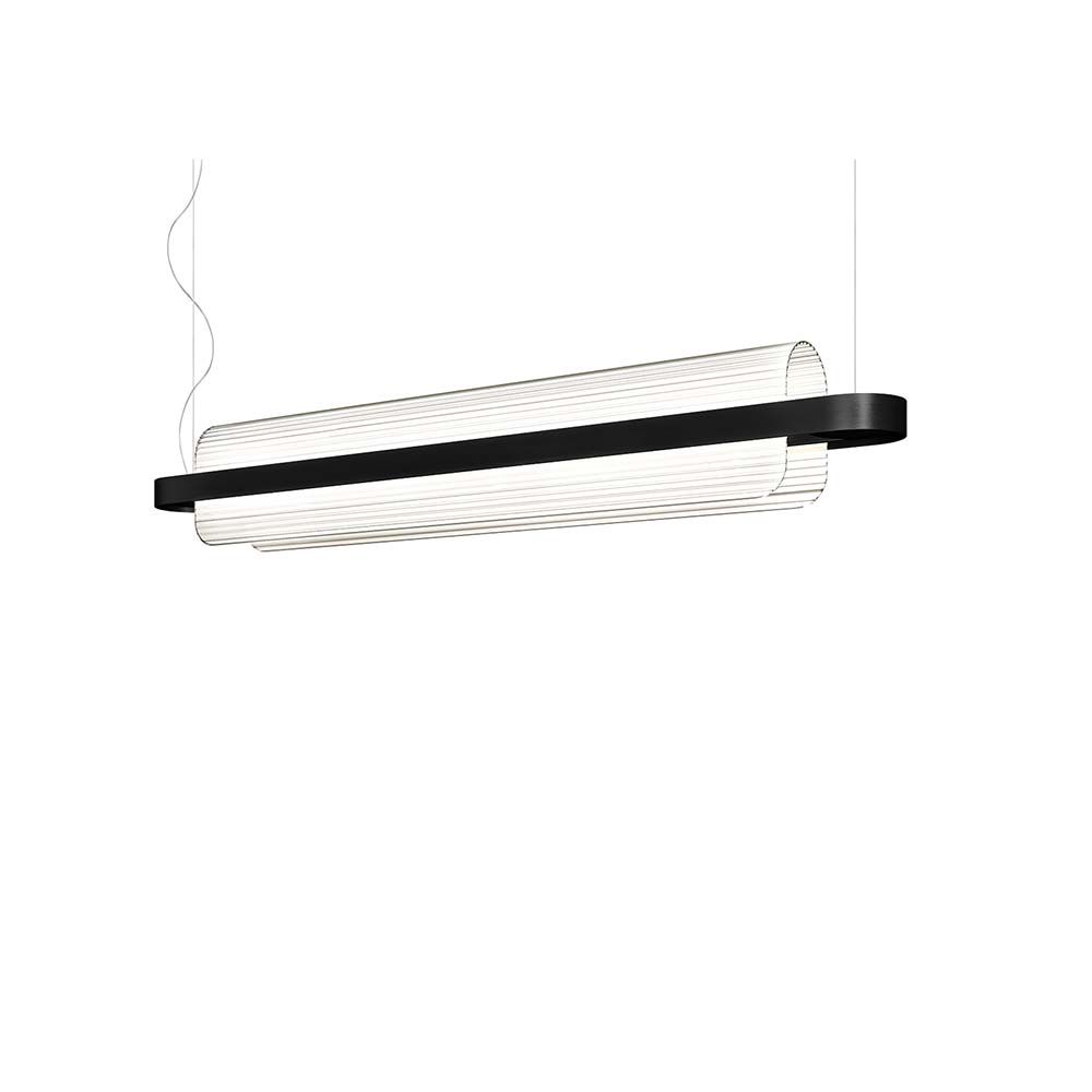 Kundalini LED Pendelleuchte Nami 150cm in Schwarz, dimmbar mit gebogenem Glas für stimmungsvolles Licht.
