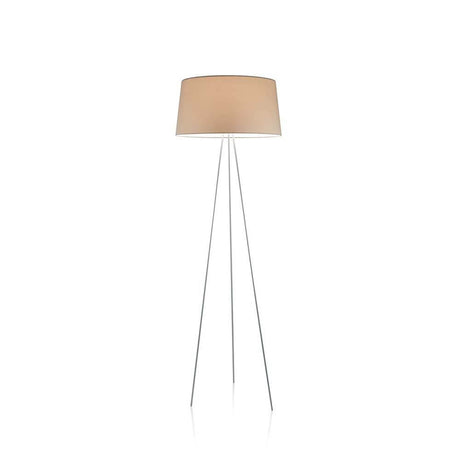 Kundalini Stehlampe Tripod mit Stoffschirm 175cm Dimmbar auf einem modernen, weißen Dreibeingestell.