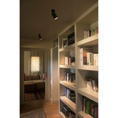 LED Wandstrahler STAN 12W in Schwarz beleuchtet ein modernes Buchregal im Wohnzimmer.