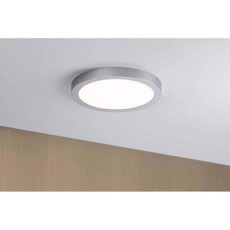 LED Abia Panel Rund Chrom-Matt an der Decke mit gleichmäßiger Lichtverteilung und modernem Design.