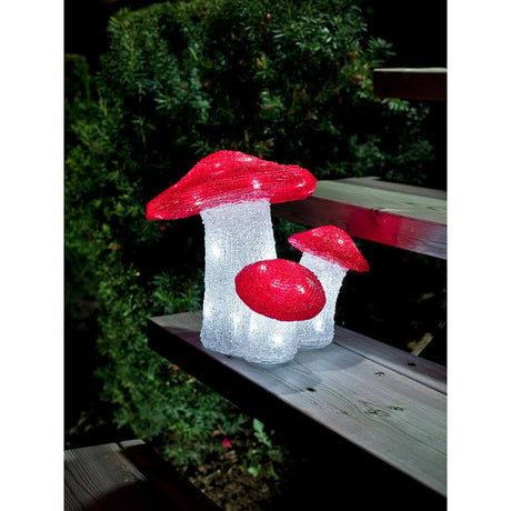 LED Acryl Fliegenpilz 3er-Set 48 Kaltweiße Dioden IP44 auf Holzstufen im Garten.