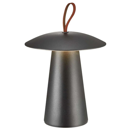 LED Akkuleuchte Ara To-Go 2 IP54 in modernem Design mit Lederriemen, ideal für den Außenbereich.