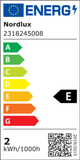 Energieeffizienzlabel von Nordlux mit Bewertung E und Verbrauch von 2 kWh/1000h.
