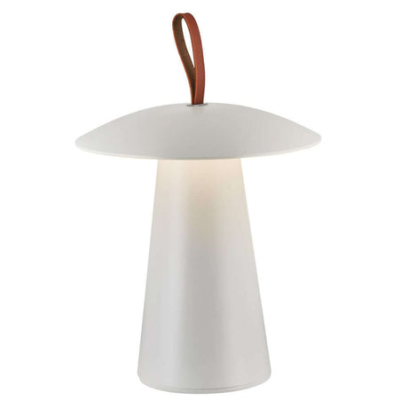 LED Akkuleuchte Ara To-Go 2 IP54 in weißem kegelförmigem Design mit Lederdetails, ideal für Balkon und Terrasse.