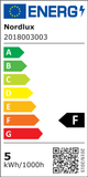 Energieeffizienzlabel der LED Akkuleuchte Kettle To-Go 22 IP65 mit F-Klassifizierung von Nordlux.