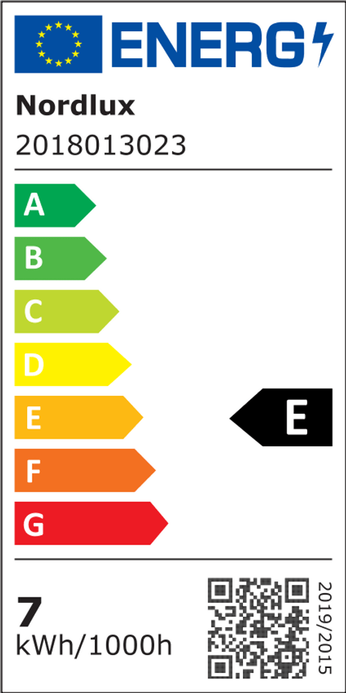 Energieeffizienzlabel von Nordlux mit Bewertung E und Verbrauch von 7 kWh pro 1000h.