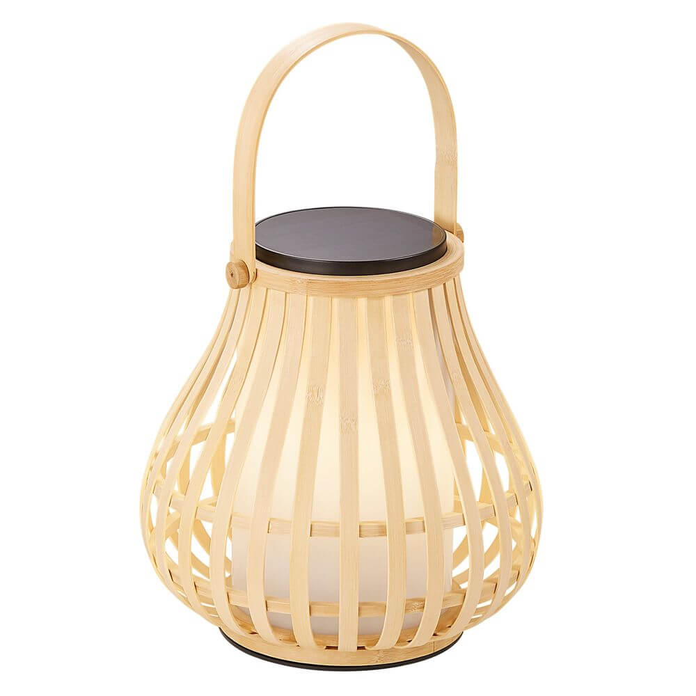 LED Akkuleuchte Leo Solar IP44 mit organischem Design und Bambusholz für Garten und Terrasse.