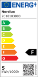 Energielabel für Nordlux: Klasse F, 5 kWh/1000h, farbcodierte Energieeffizienz A bis G.