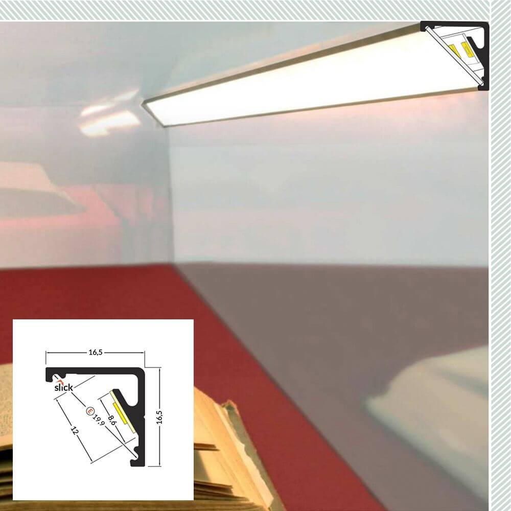 LED Aluminium Profil 2m Aufbau mit maßhaltigem Schnittmuster und Lichtverteilung im Einsatz.