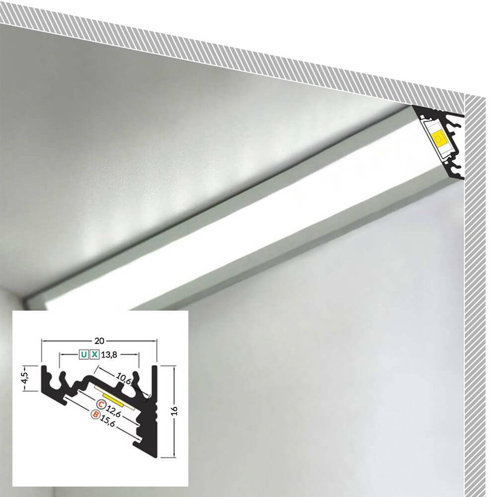 LED Aluminium Profil 2m Aufbau – Detailaufnahme mit Montageanleitung und Lichtverteilung.