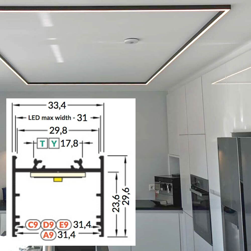 LED Aluminium Profil 2m Aufbau mit Maßzeichnung für Aufbaumontage im modernen Küchendesign.