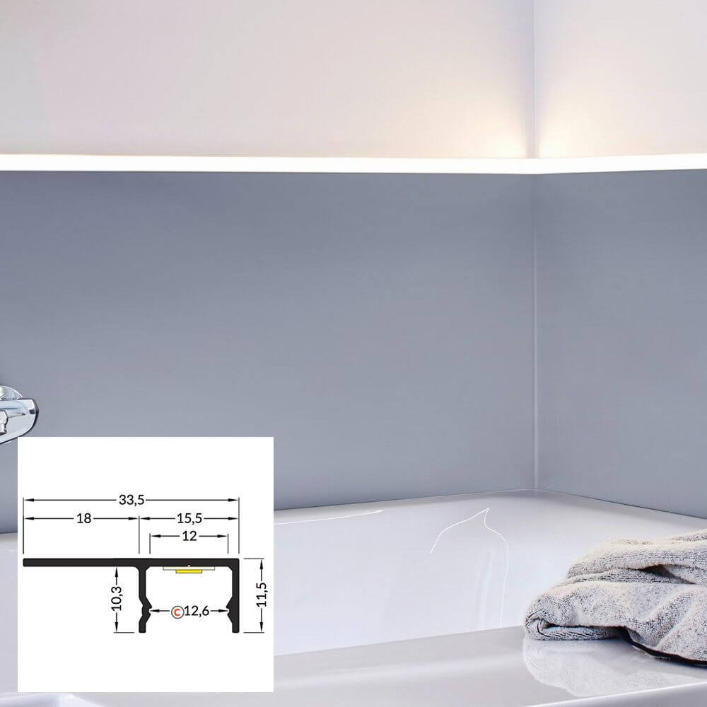 LED Aluminium Profil 2m Aufbau mit Montageansicht und Abmessungen in modernem Badezimmer-Design