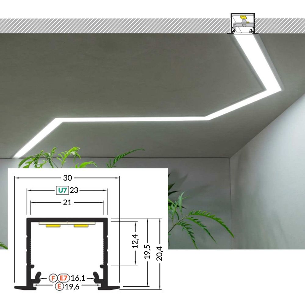 LED Aluminium Profil für 2m Einbau, stilvolle Lösung für LED-Strips mit Abmessungen und Montageanleitung.
