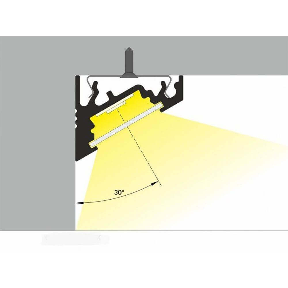 LED -aluminiumprofil 2 meter hörn 30 ° vit utan täckning