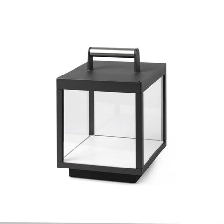 LED Akku Tisch- & Bodenlampe KERALA IP54 Dunkelgrau mit transparentem Design und Tragegriff.