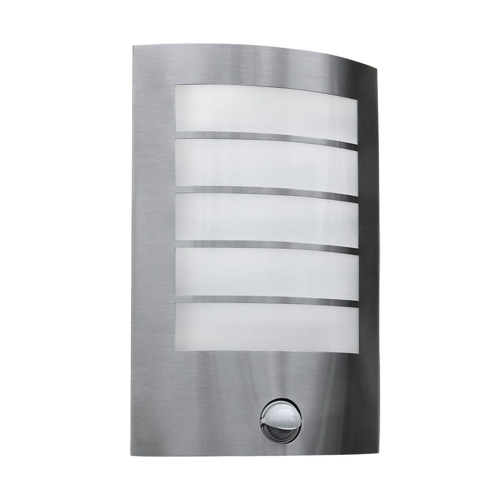 LED Außen-Wandlampe Slim mit Sensor IP44 aus Edelstahl, moderne Form, flach gewölbter weißer Diffusor, ideal für Hauseingang.